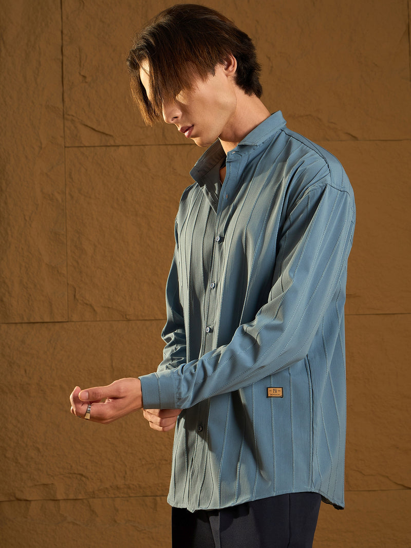 Pastel Blue: Full Sleeves Oversized Pintuck Shirt
