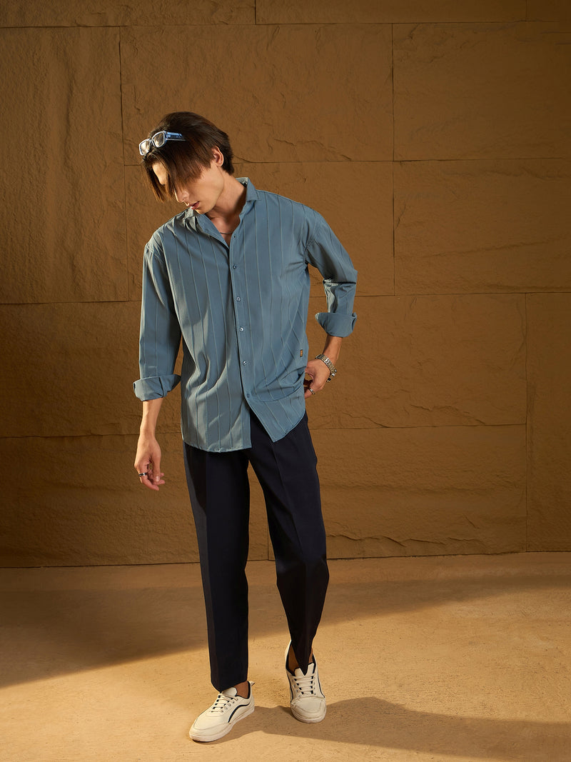 Pastel Blue: Full Sleeves Oversized Pintuck Shirt