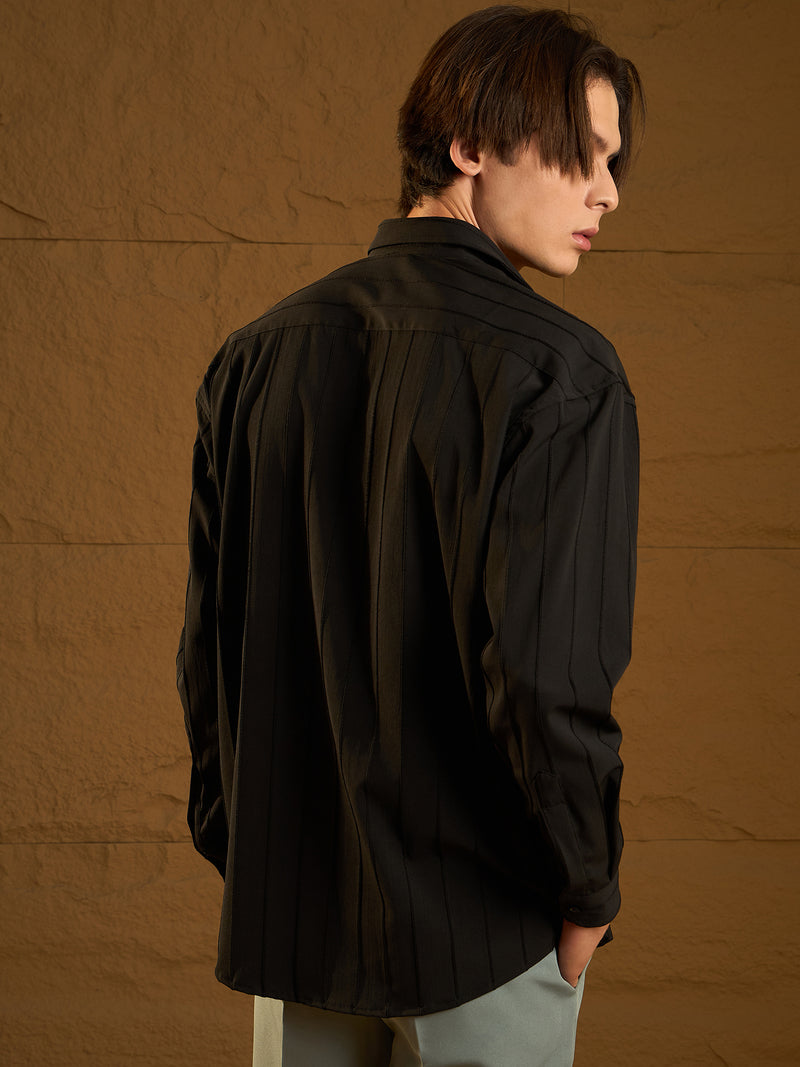 Black: Full Sleeves Oversized Pintuck Shirt
