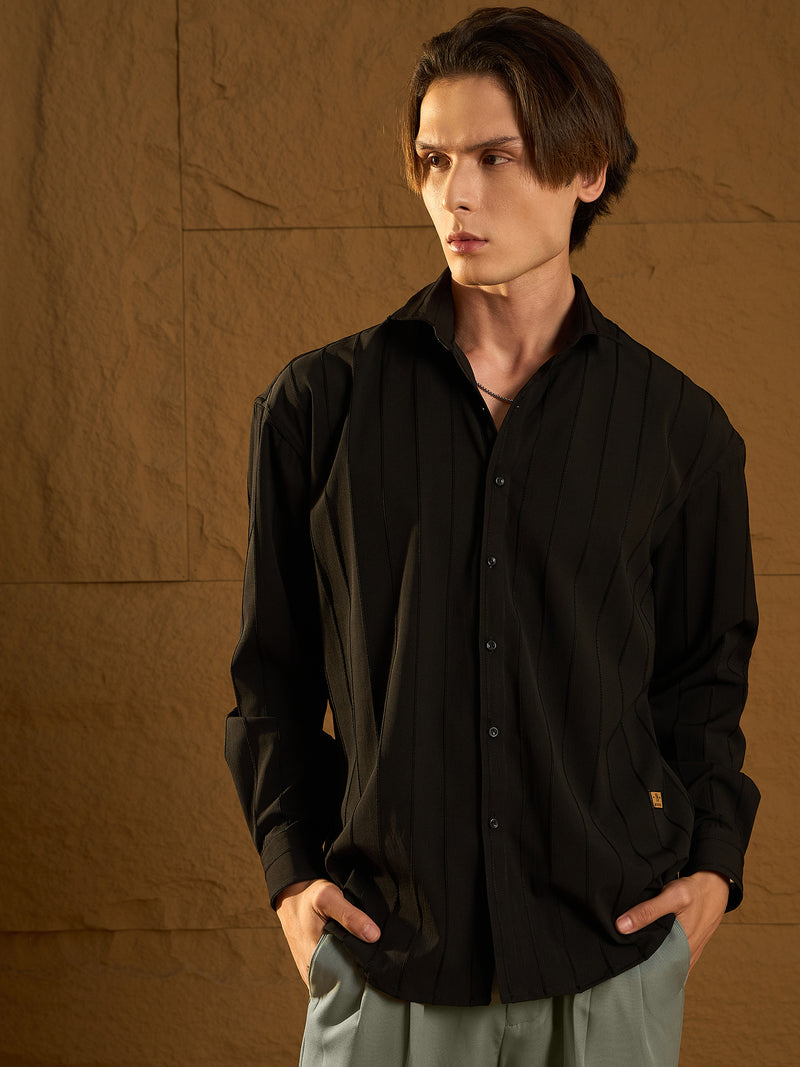 Black: Full Sleeves Oversized Pintuck Shirt