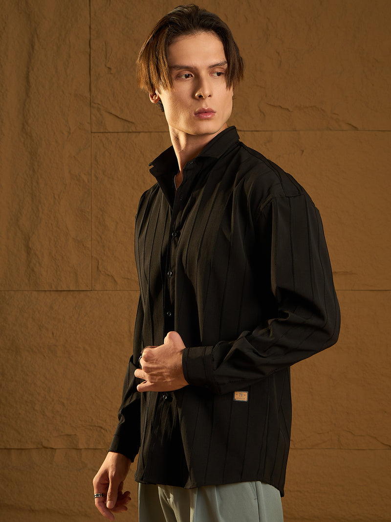 Black: Full Sleeves Oversized Pintuck Shirt