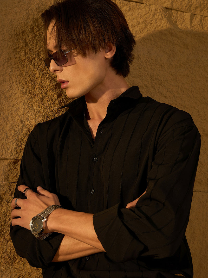 Black: Full Sleeves Oversized Pintuck Shirt