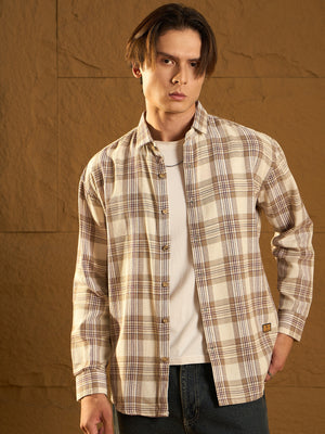 Cream: Full Sleeves Windowpane Checked Shirt