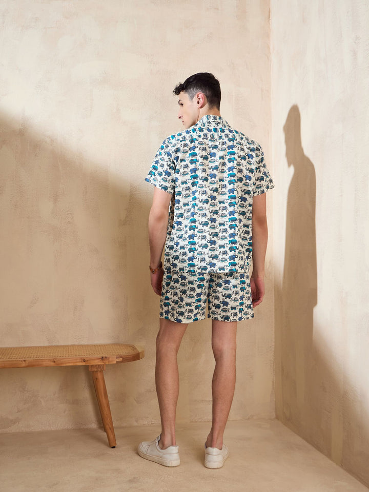 Men's Cream Block Printed Coord Set | Printed Shirt With Shorts