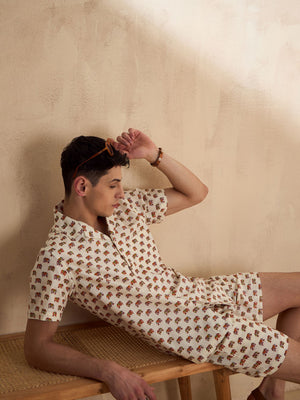 Men's Cream Block Printed Coord Set | Printed Shirt With Shorts