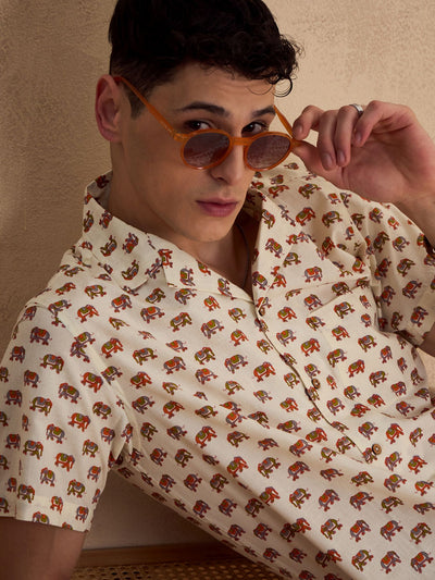Men's Cream Block Printed Coord Set | Printed Shirt With Shorts
