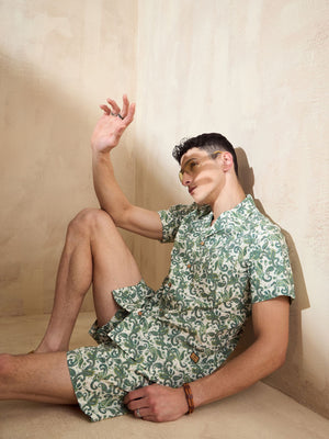 Men's Green Block Printed Coord Set | Printed Shirt With Shorts