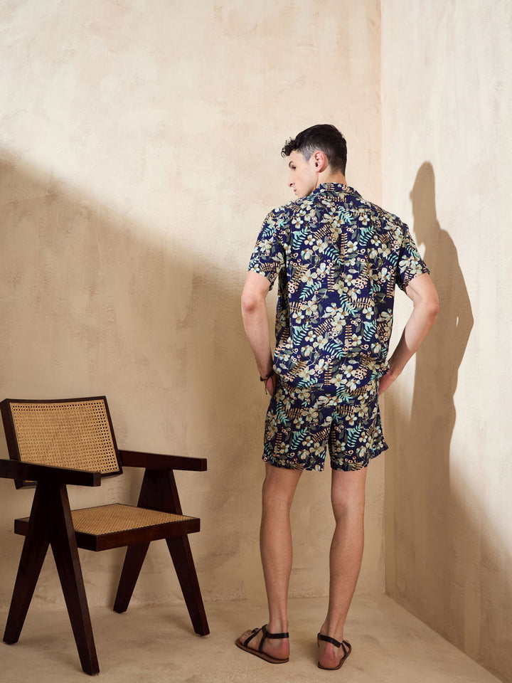 Men's Navy Blue Comfort Fit Coord Set | Printed Shirt With Shorts