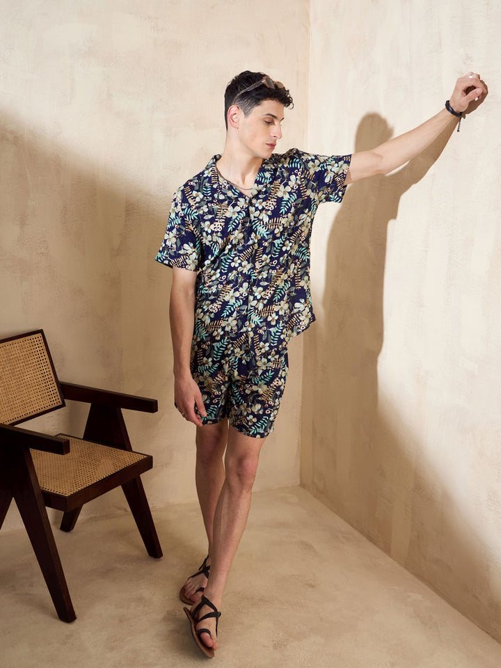 Men's Navy Blue Comfort Fit Coord Set | Printed Shirt With Shorts