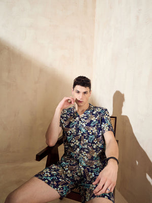 Men's Navy Blue Comfort Fit Coord Set | Printed Shirt With Shorts