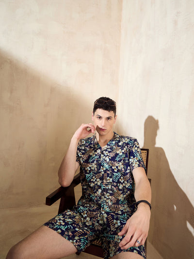 Men's Navy Blue Comfort Fit Coord Set | Printed Shirt With Shorts