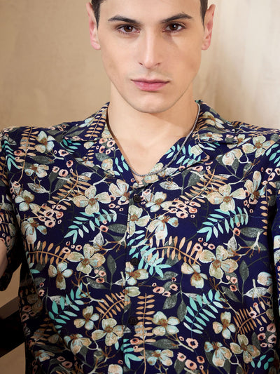 Men's Navy Blue Comfort Fit Coord Set | Printed Shirt With Shorts