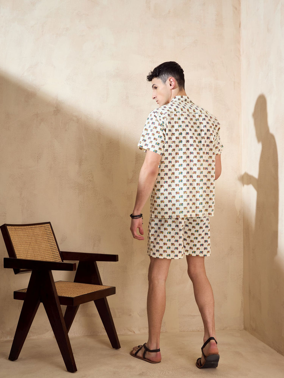 Men's Cream Block Printed Coord Set | Printed Shirt With Shorts