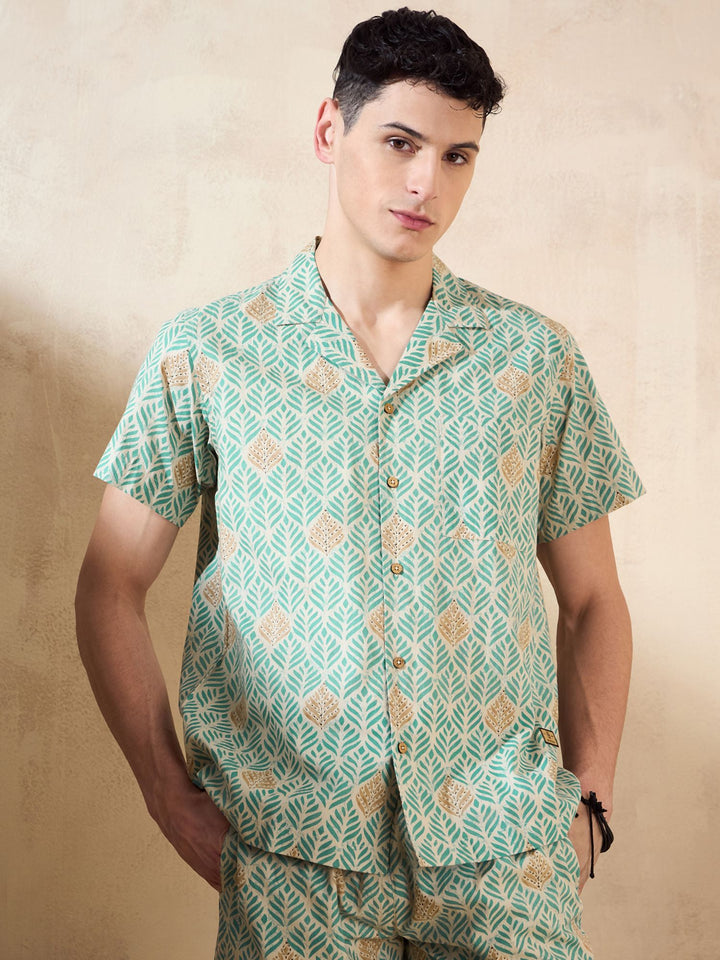 Men's Green Block Printed Coord Set | Printed Shirt With Shorts