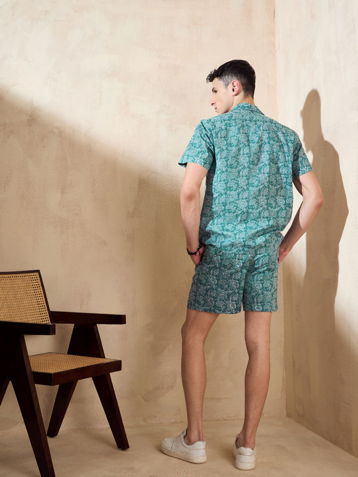 Men's Green Block Printed Coord Set | Printed Shirt With Shorts