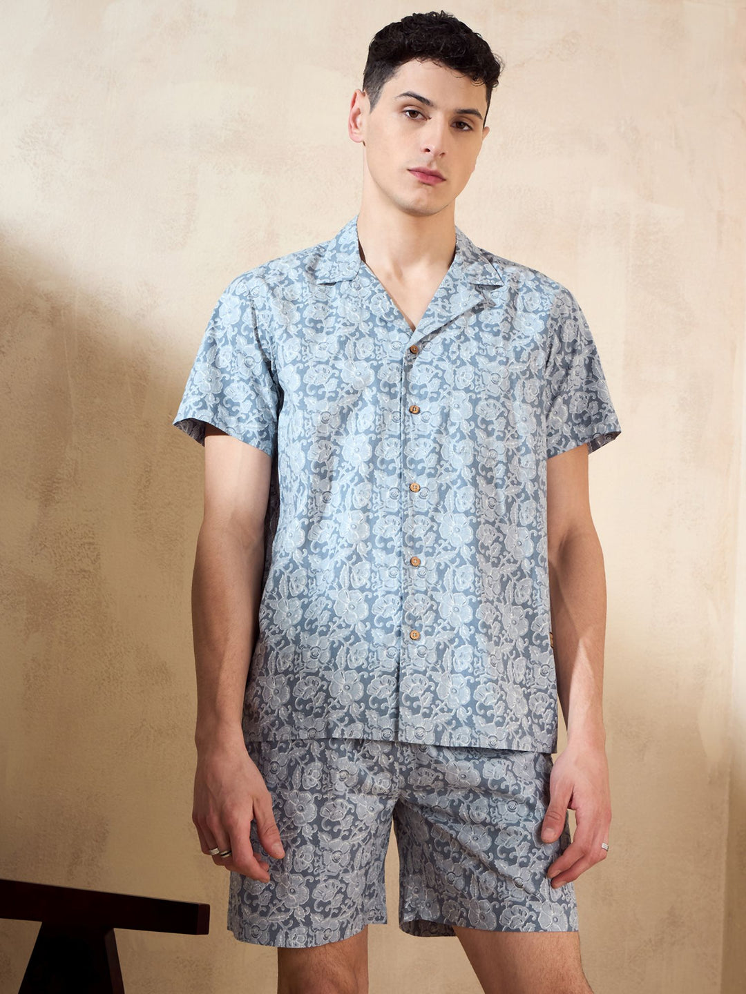 Men's Grey Block Printed Coord Set | Printed Shirt With Shorts