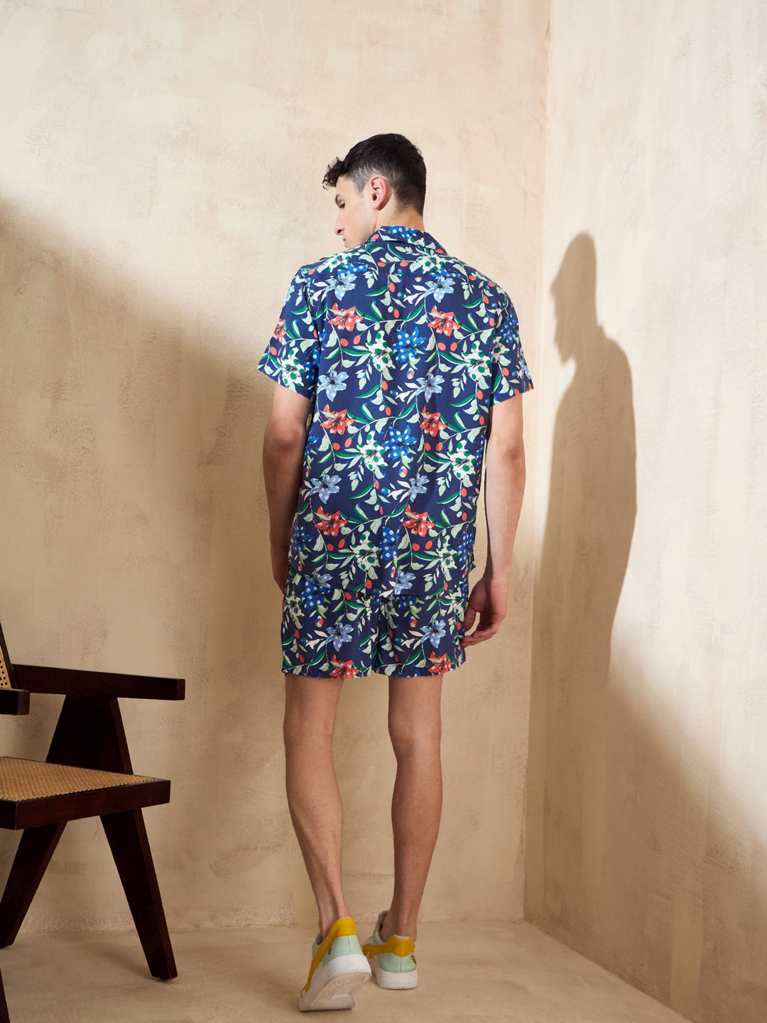 Men's Blue Comfort Fit Coord Set | Printed Shirt With Shorts