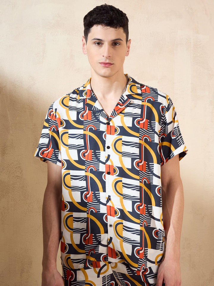 Men's Off White Comfort Fit Coord Set | Printed Shirt With Shorts