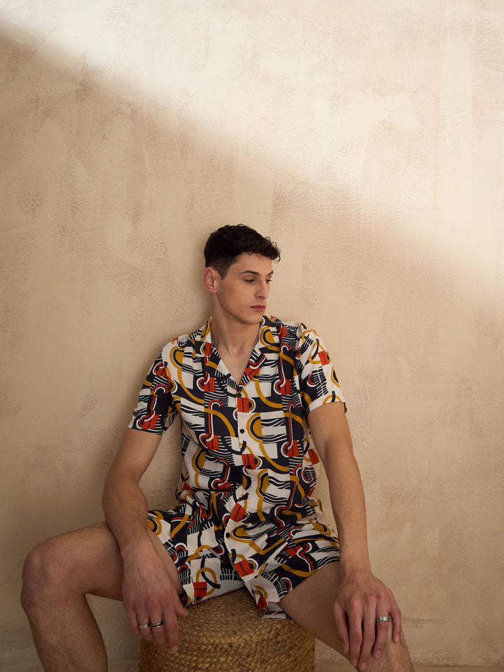 Men's Off White Comfort Fit Coord Set | Printed Shirt With Shorts
