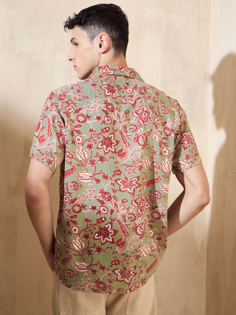 Grey & Red: Half Sleeves Ethnic Printed Shirt