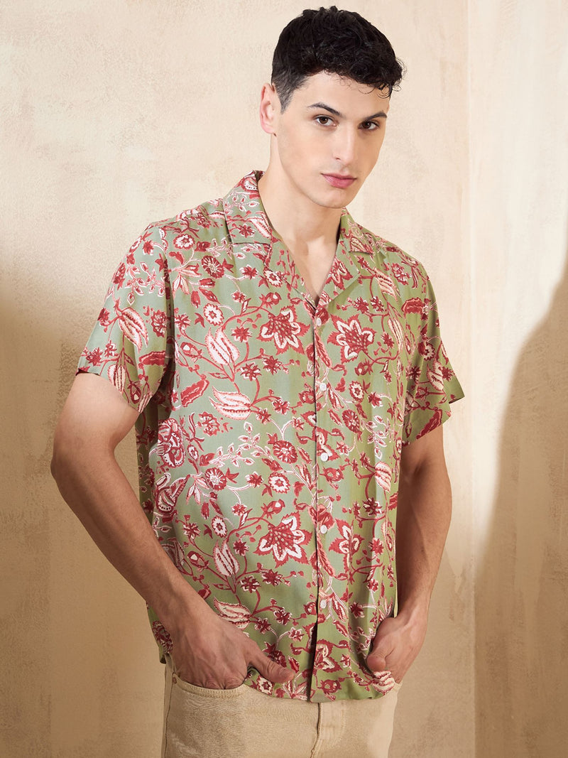 Grey & Red: Half Sleeves Ethnic Printed Shirt