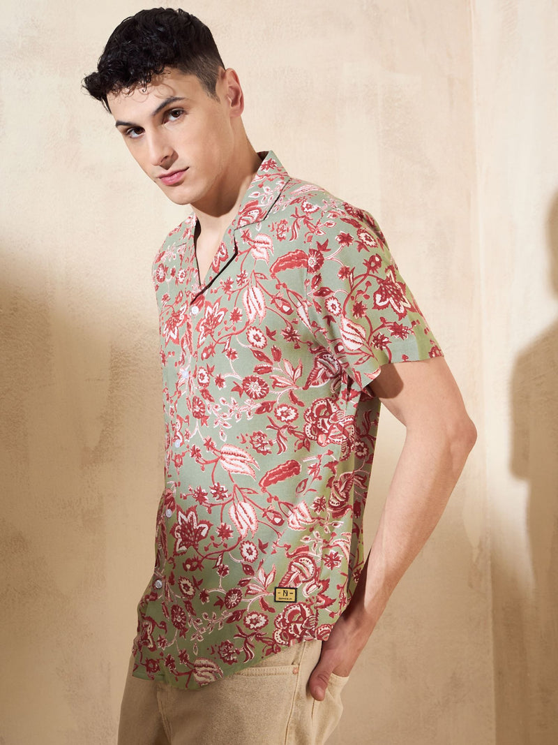 Grey & Red: Half Sleeves Ethnic Printed Shirt