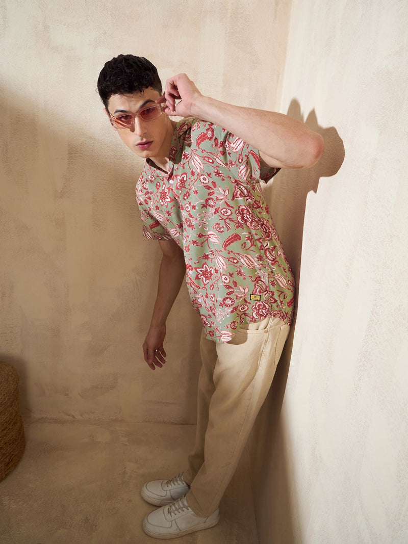 Grey & Red: Half Sleeves Ethnic Printed Shirt