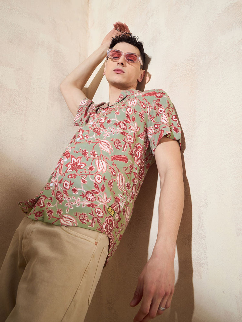 Grey & Red: Half Sleeves Ethnic Printed Shirt