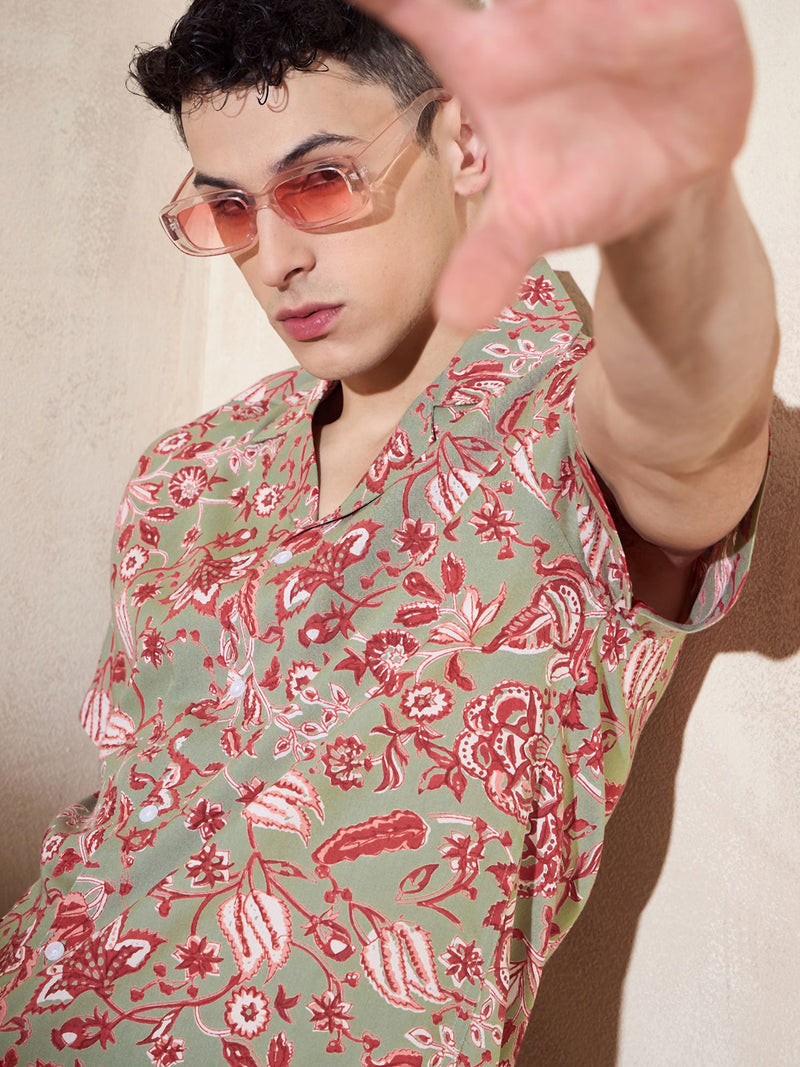 Grey & Red: Half Sleeves Ethnic Printed Shirt