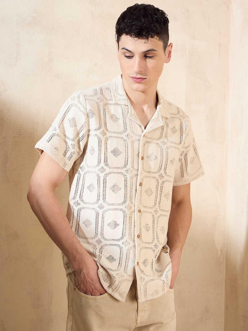 Cream: Half Sleeves Schiffli Semi Sheer crochet shirt