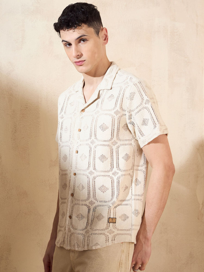 Cream: Half Sleeves Schiffli Semi Sheer crochet shirt