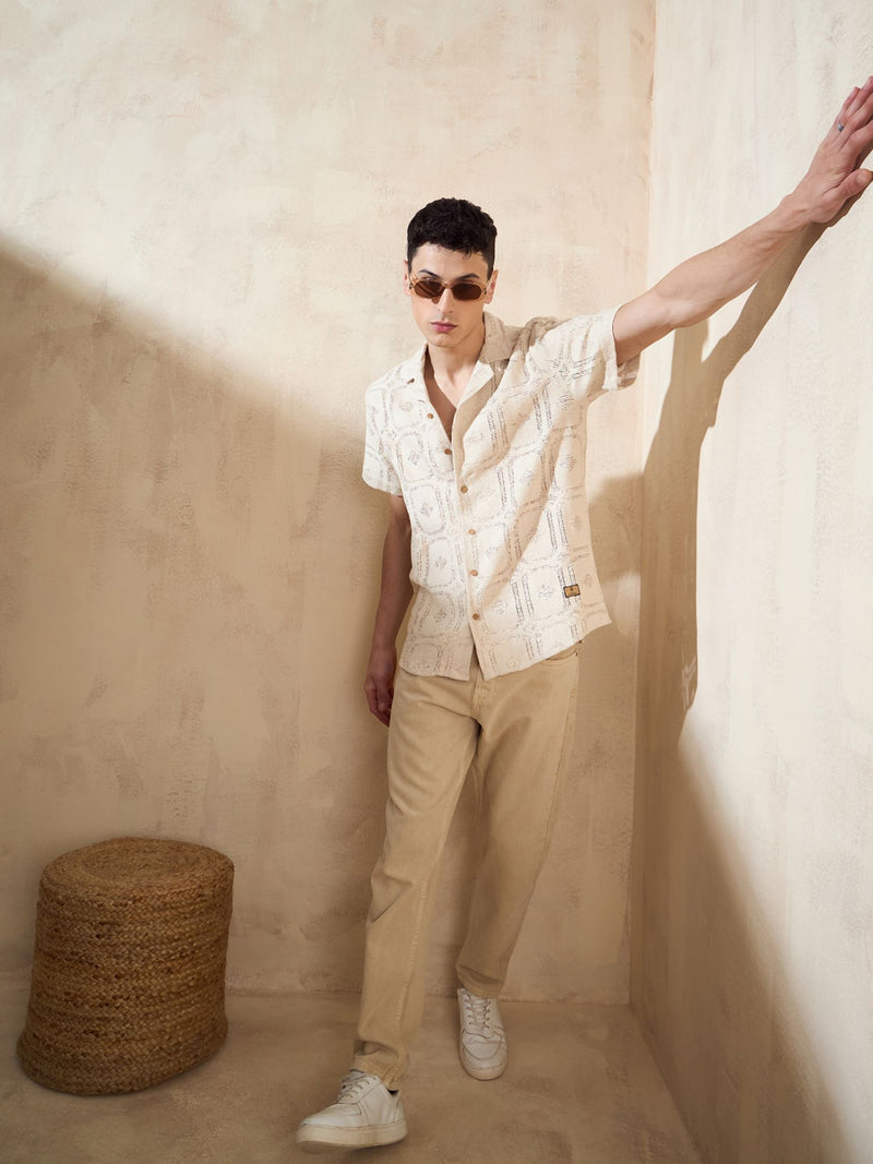 Cream: Half Sleeves Schiffli Semi Sheer crochet shirt