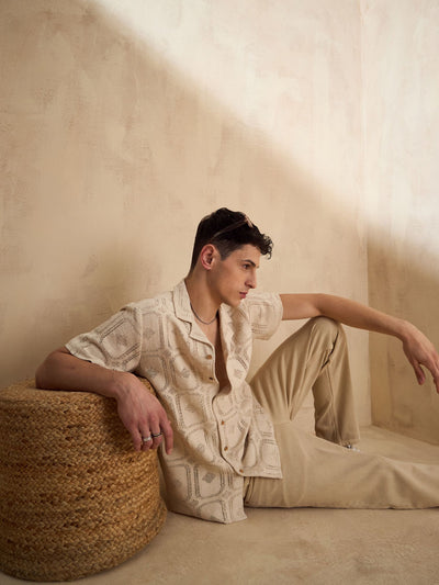 Cream: Half Sleeves Schiffli Semi Sheer crochet shirt