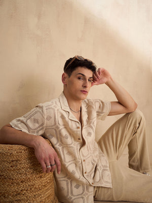 Cream: Half Sleeves Schiffli Semi Sheer crochet shirt