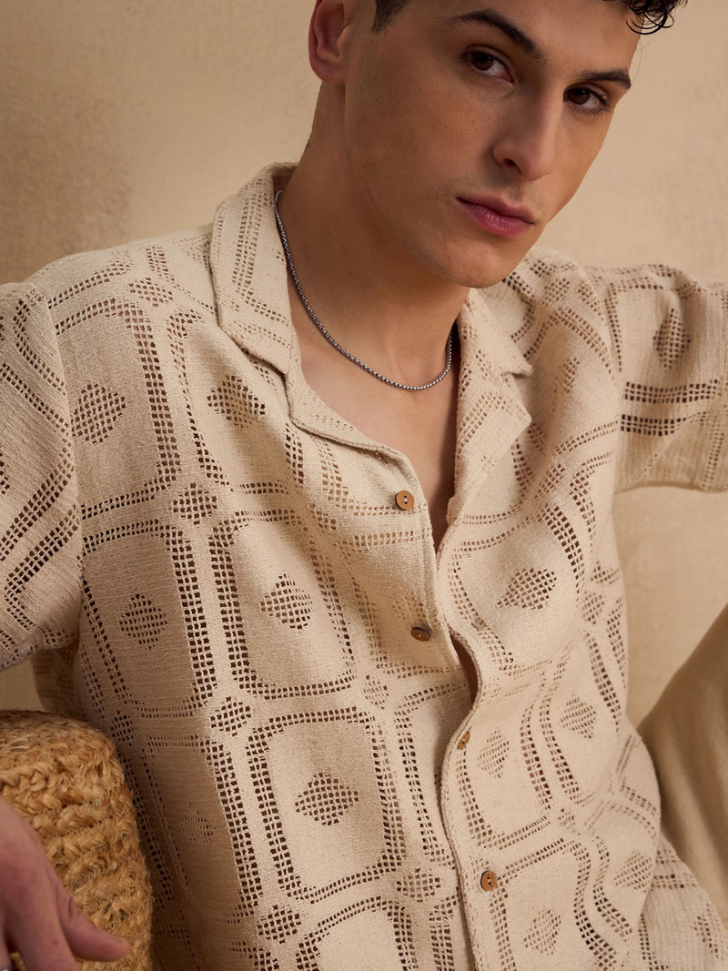 Cream: Half Sleeves Schiffli Semi Sheer crochet shirt