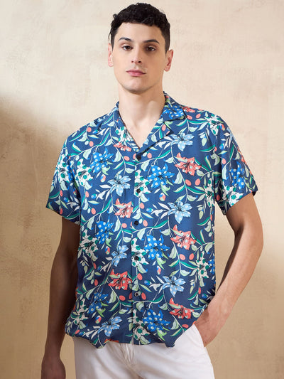 Blue: Half Sleeves Floral Printed Shirt