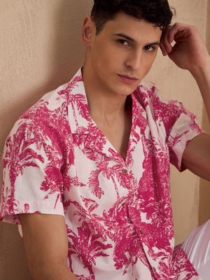 Off White & Red: Half Sleeves Tropical Printed Shirt