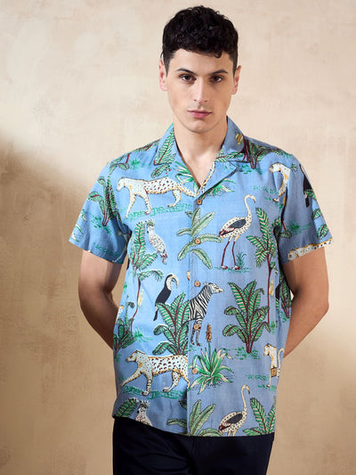 Sky Blue: Half Sleeves Printed Shirt