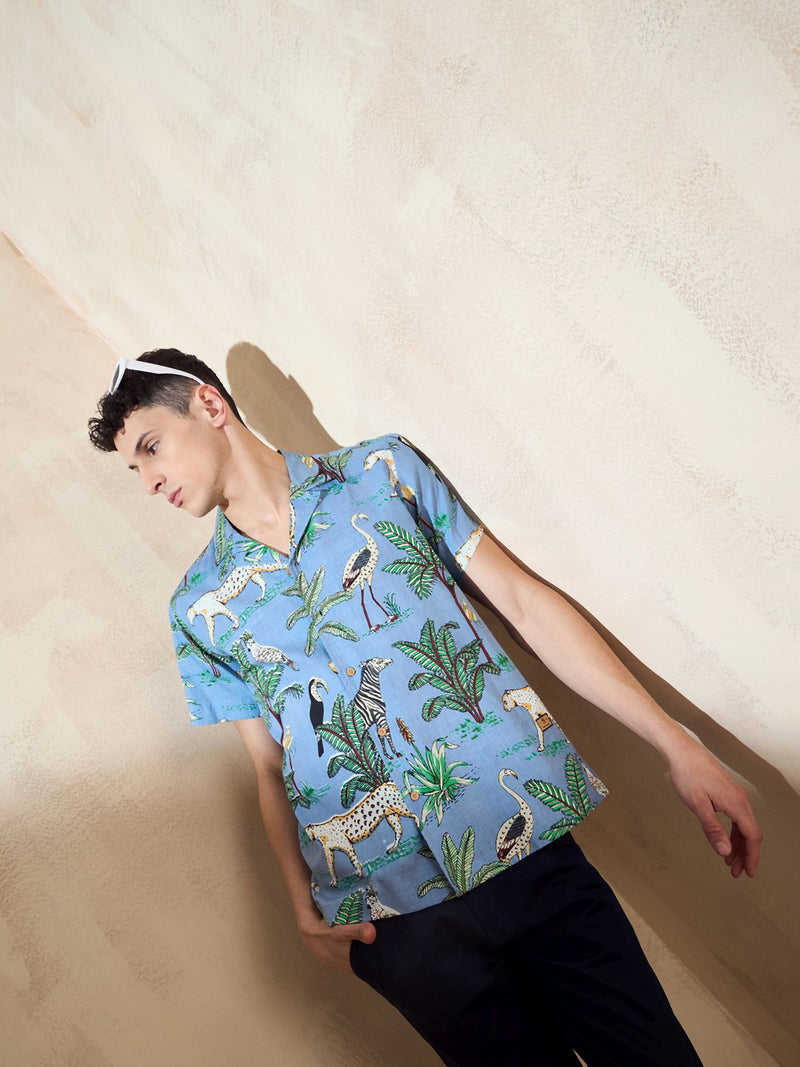 Sky Blue: Half Sleeves Printed Shirt