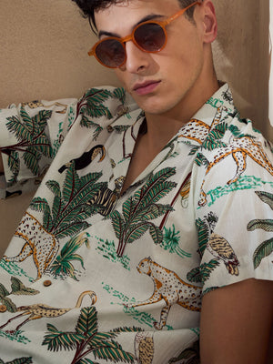 Cream: Half Sleeves Casual Printed Shirt
