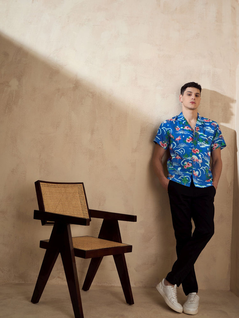 Blue: Half Sleeves Floral Printed Shirt