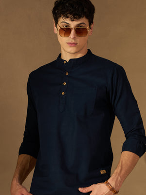 DENNISON Men Navy Blue Solid Straight Pure Cotton Short Kurta