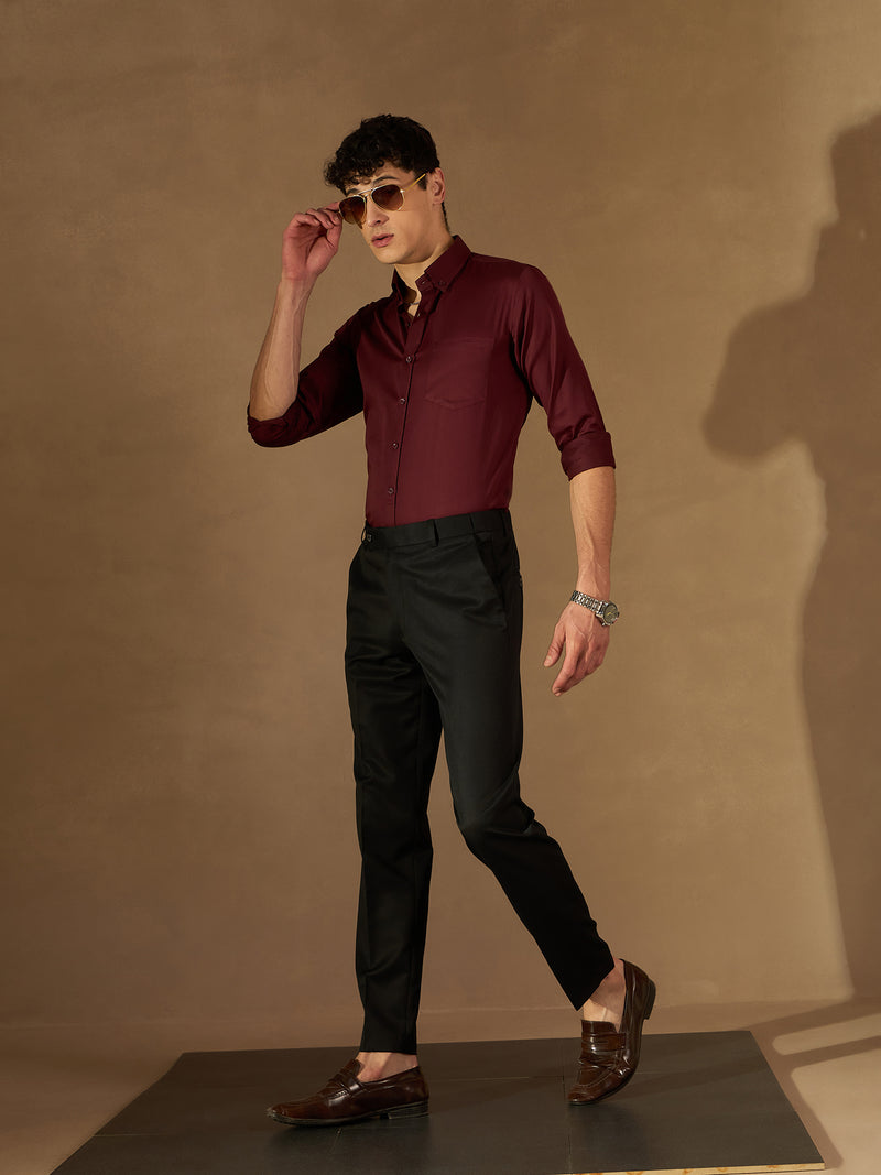 DENNISON Men Black Solid Smart Flex-Waist Tapered Fit Easy Wash Cotton Trousers
