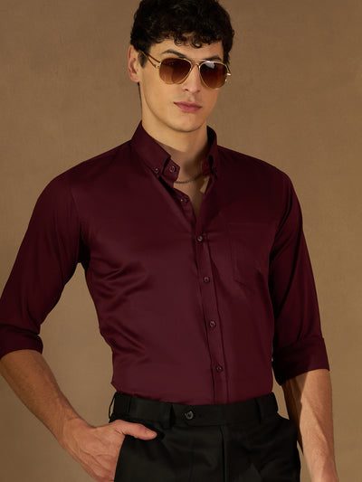 DENNISON Men Burgundy Twill Comfort Regular Fit Solid Formal Shirt