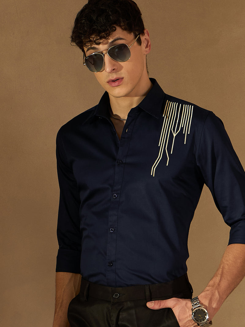 Blue: Full Sleeves Embroidery Clubwear Shirt
