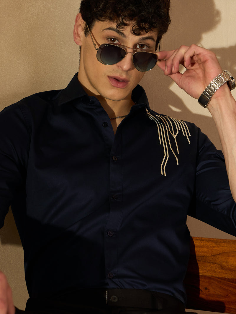 Blue: Full Sleeves Embroidery Clubwear Shirt