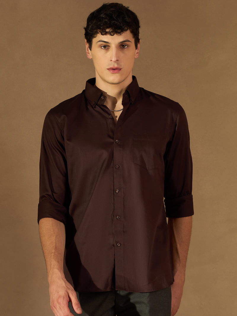 Coffee Brown: Comfort Regular Fit Solid Formal Shirt