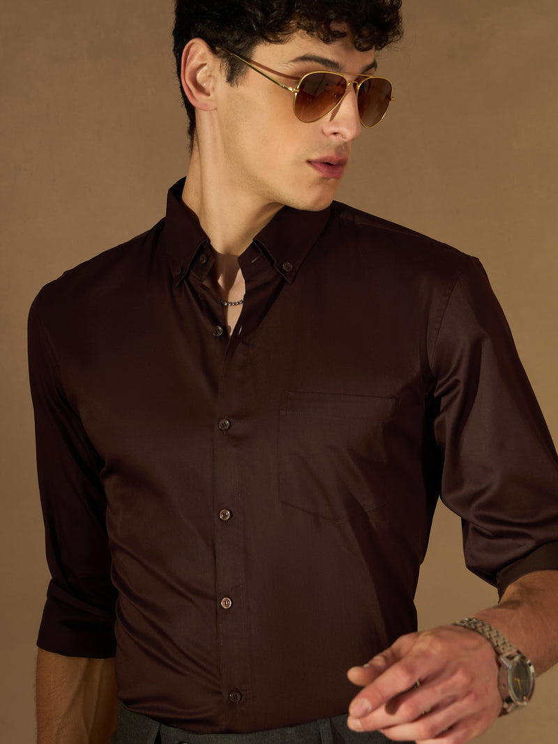 Coffee Brown: Comfort Regular Fit Solid Formal Shirt