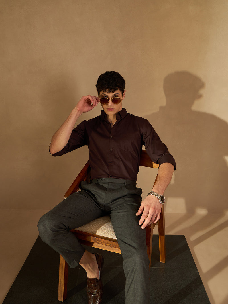 Coffee Brown: Comfort Regular Fit Solid Formal Shirt