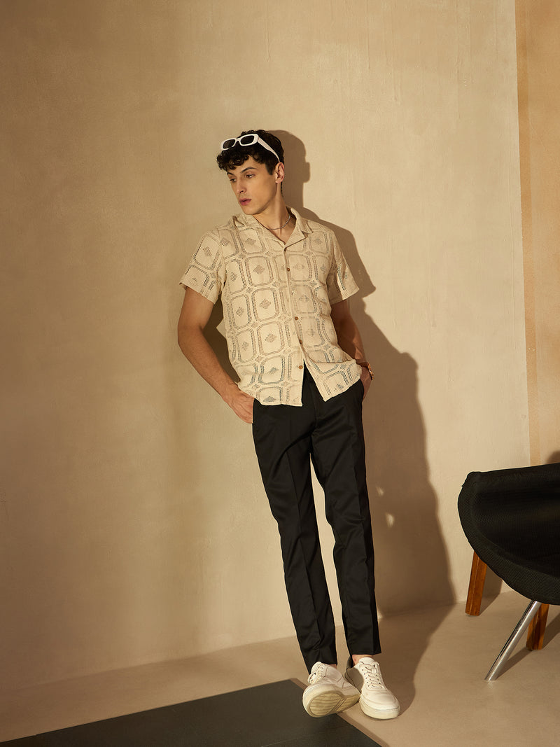 Men Black Tapered Fit Cropped Trousers